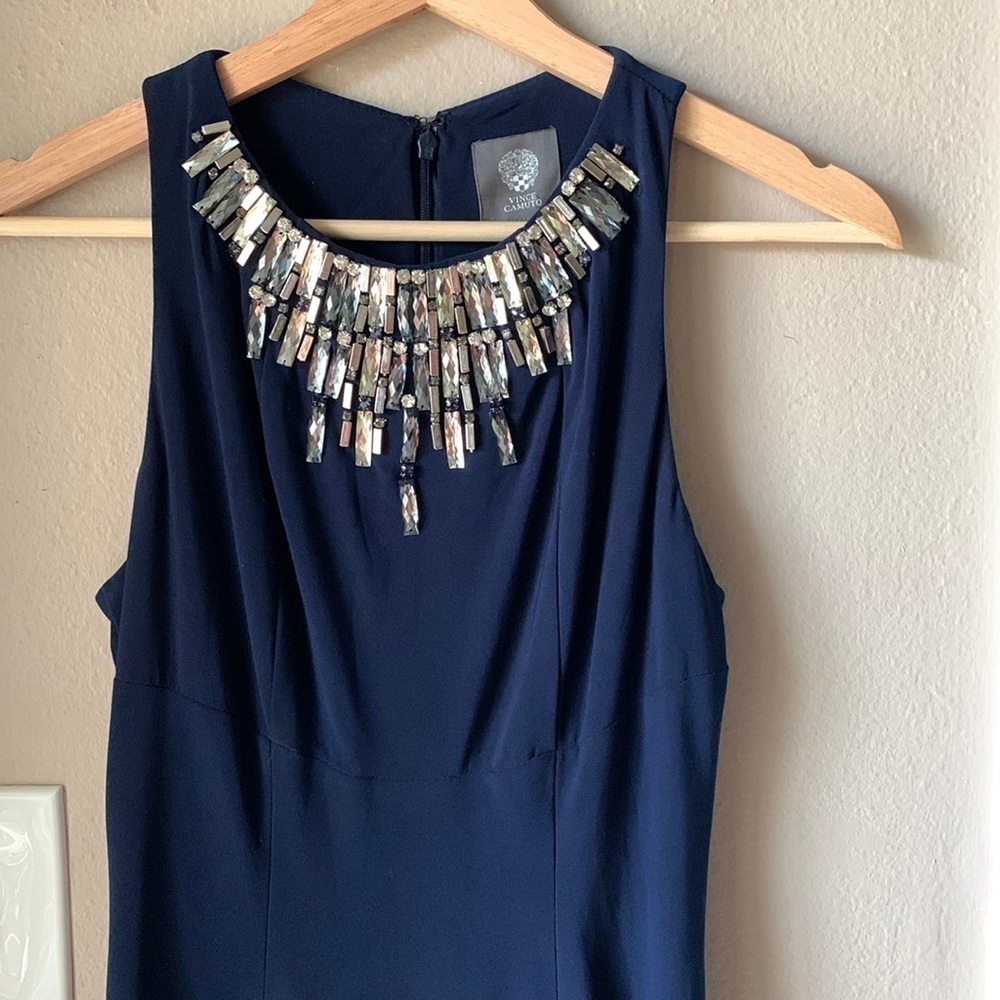 VINCE CAMUTO Navy Blue Jeweled Sleeveless Long Gown